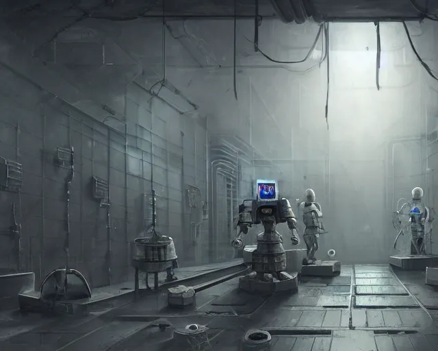 Image similar to robo in gloomy ruined server room in datacenter robot painting concept art of automata rusty steel robot knight colossus welder pacing mono eyed, sharp focus, emitting diodes, smoke, artillery, sparks, racks, motherboard, by pascal blanche rutkowski repin artstation hyperrealism detailed character design matte painting, 4 k resolution blade runner