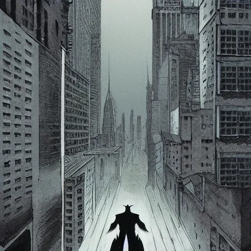 Prompt: Batman standing on a street, skyscrapers visible behind him, in the style of Zdzislaw Beksinski