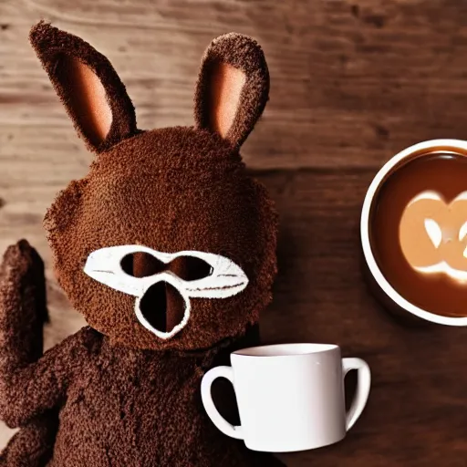 Prompt: a huggable brown rabbit muppet monk wearing a wolf skull as a mask and dat beside a cup of tea, photorealistic, nature, photography, national geographic, sesame street