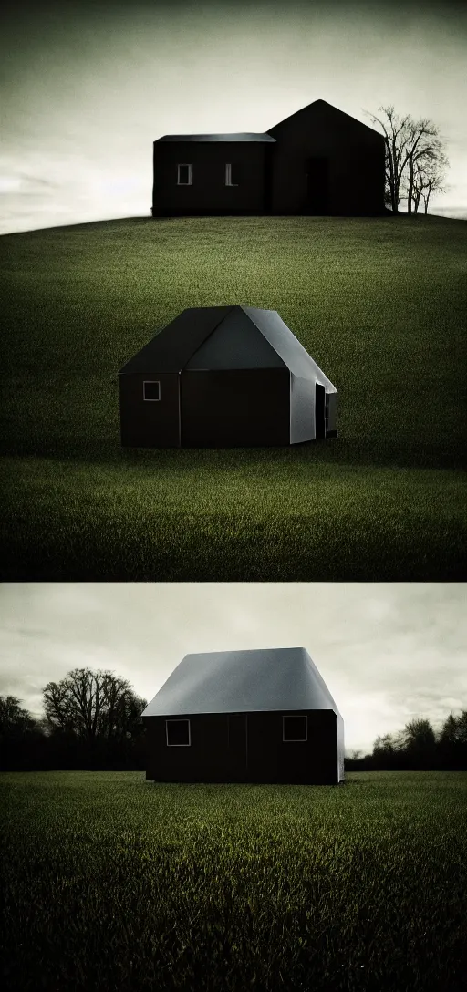 Image similar to a house wrapped in foil in a middle of a field cinematic dark photography detailed creepy