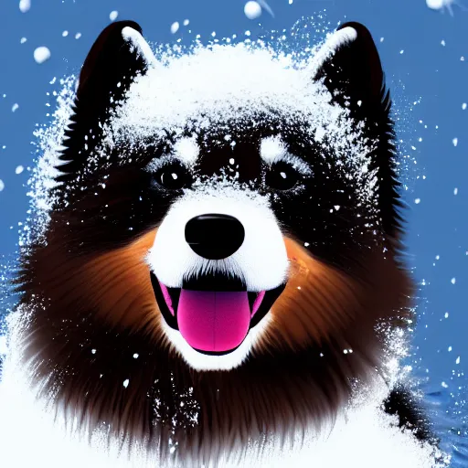 Image similar to happy finnish lapphund dog, black brown and white fur, snow, trees, in the style of a pixar character, 4 k, animation, funny, movie