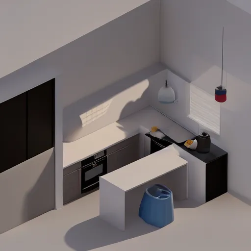 Image similar to isometric minimalistic chubby kitchen, 3 d illustration, 1 0 0 mm, depth of field, octane render, studio lighting