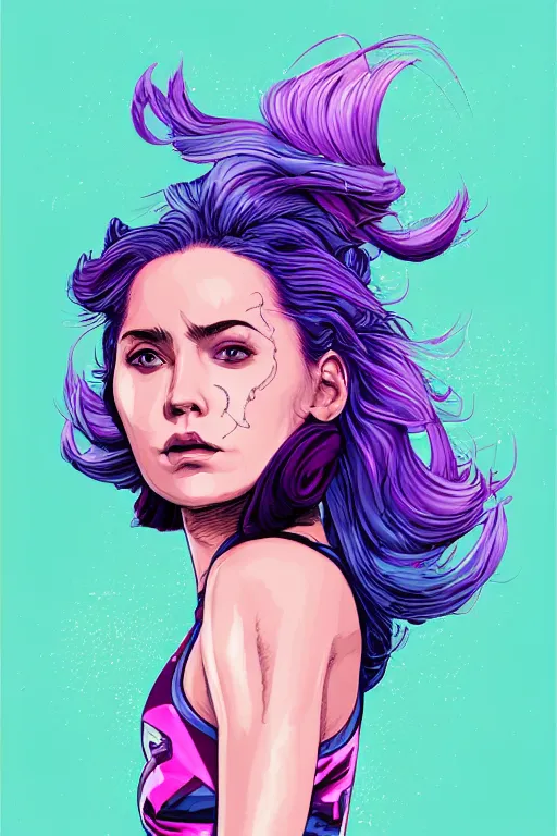 Prompt: a award winning half body porttrait of a beautiful woman in a croptop with ombre purple pink teal hairstyle with head in motion and hair flying by marvel comics and sandra chevrier, outrun, vaporware, illustration, digital art, trending on artstation, highly detailed, fine detail, intricate