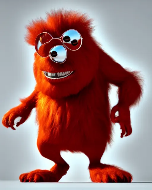 Prompt: 3 d render of completely red hairy friendly antropomorphic creature wearing chrome shades, without nose, smiling, full body, standing on 2 feet, in the style of pixar, white background, unreal engine 5, octane render, highly detailed hdr