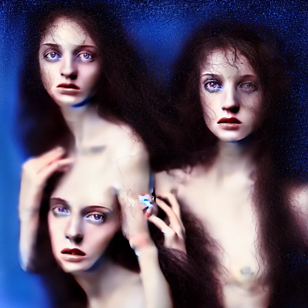 Image similar to High detatiled close-up of a young woman with long dark curly hair dressed in long white, fine art photography light painting by Paolo Roversi, professional studio lighting, dark blue background, hyper realistic photography, fashion magazine style