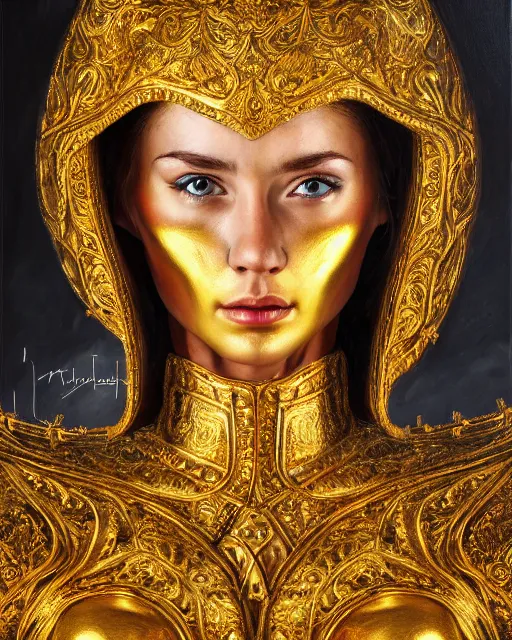 Image similar to oil painting portrait of woman in shining golden armor, high production value, intricate details, high resolution, hdr, high definition, masterpiece, realistic, ultrarealistic, highly detailed, hd, sharp focus, non blurry, sharp, smooth