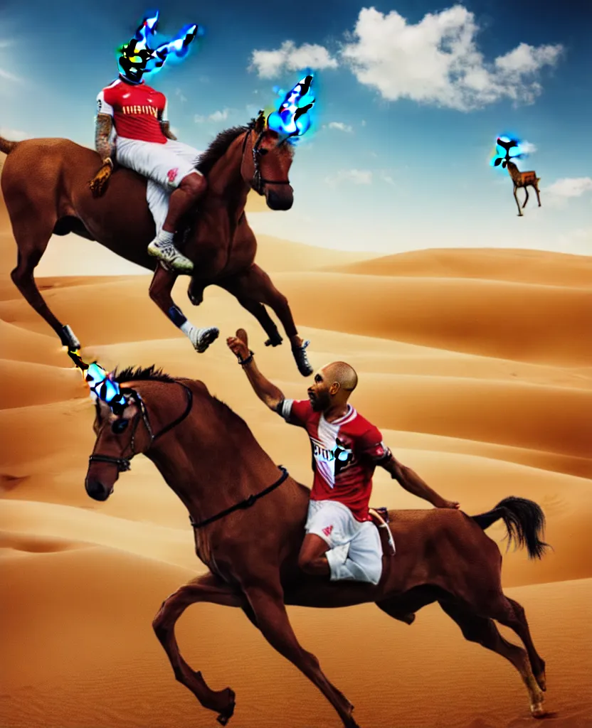 Prompt: thierry henry riding a unicorn in the desert, sharp, details, hyper - detailed, hd, 4 k, 8 k