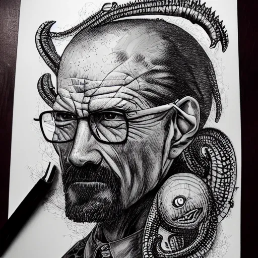 Prompt: Walter White as a Lovecraftian monster, detailed, portrait, intricate, illustration, ink drawing by Kim Jung Gi, hyperdetailed, trending on artstation, highly detailed, Aaron Horkey