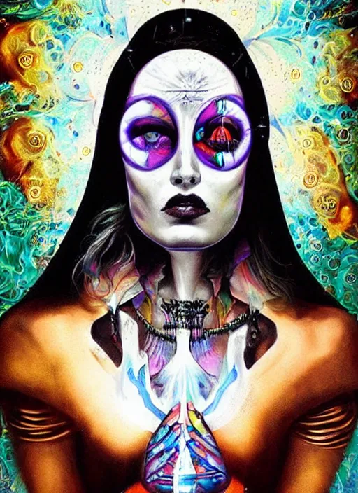 Image similar to magic cult psychic woman, fashion model photoshoot scene, third eye, subjective consciousness psychedelic, epic surrealism expressionism symbolism, story telling, iconic, dark robed, oil painting, symmetrical face, dark myth mythos, by Sandra Chevrier, Noriyoshi Ohrai masterpiece