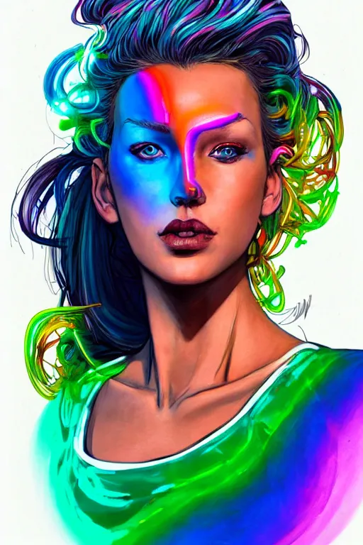 Prompt: a award winning portrait of a beautiful woman with stunning eyes in a one off shoulder croptop and cargo pants with rainbow colored hair, outlined by whirling illuminated neon lines and fine lines swirling in circles by jesper ejsing, digital art, trending on artstation