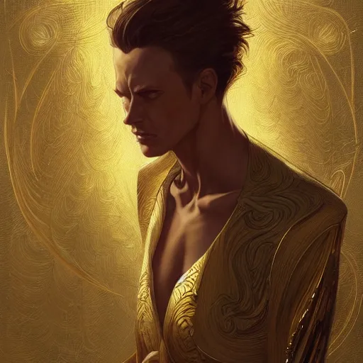 Image similar to Sandman with a gold suit, portrait, intricate, elegant, highly detailed, digital painting, artstation, concept art, smooth, sharp focus, illustration, art by artgerm and greg rutkowski and alphonse mucha