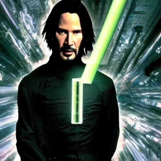 Prompt: keanu reeves is neo from the matrix im wearing batman costume while holding a piece of glowing kryptonite