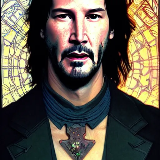 Prompt: full portrait of cyberpunk keanu reeves, sci - fi, d & d, intricate, detailed, by by alphonse mucha, adolfo hohenstein, alice russell glenny, stanley artgerm lau, greg rutkowski, detailed, trending on artstation, trending on artstation, smooth