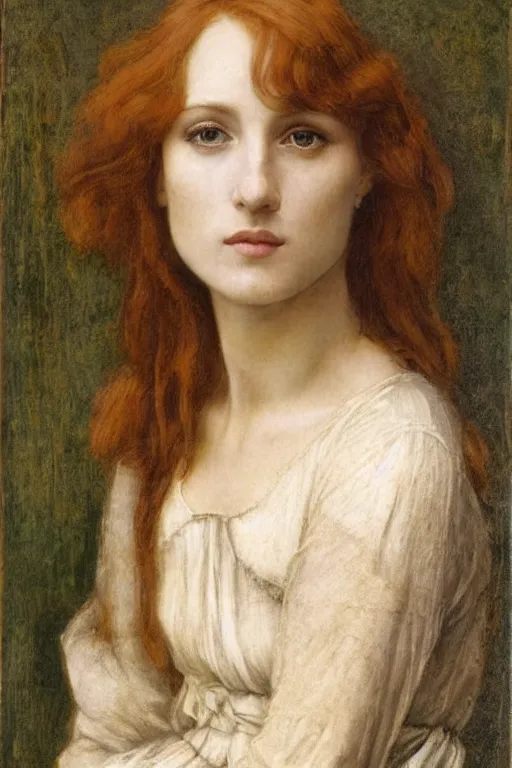 Image similar to Pre-Raphaelite portrait of a young beautiful woman with blond short-hair and grey eyes who works as an architect
