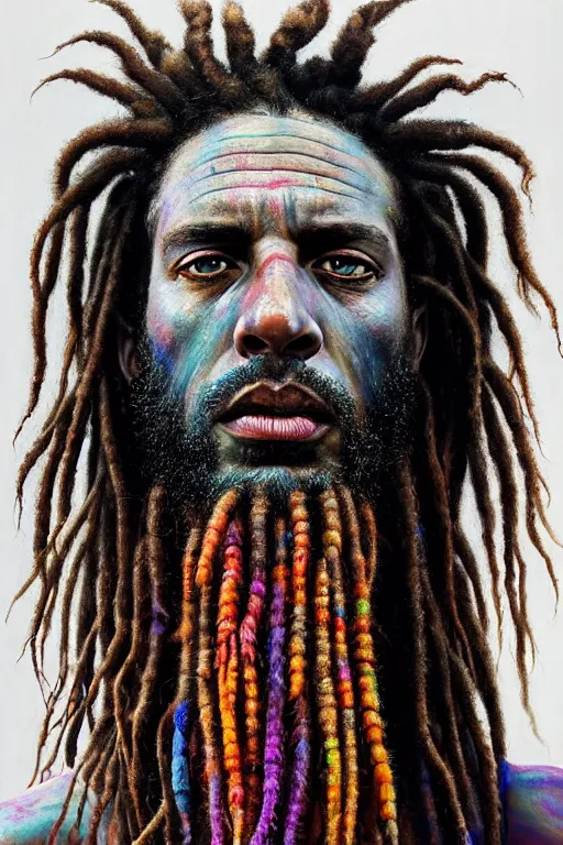 Image similar to hyperrealistic close - up portrait of psychedelic colorful acid neuro - shaman dreadlocks hippy highly detailed concept art eric zener elson peter cinematic hard lighting high angle hd 8 k sharp shallow depth of field, inspired by denis villeneuve and zdzisław beksinski