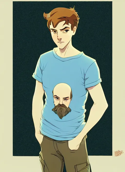 Prompt: art young lenin, light blue eyes, pale skin, freckles, sad expression, t - shirt, modern casual clothing, natural lighting, path traced, highly detailed, high quality, cartoon, digital painting, by don bluth and ross tran and studio ghibli and alphonse mucha