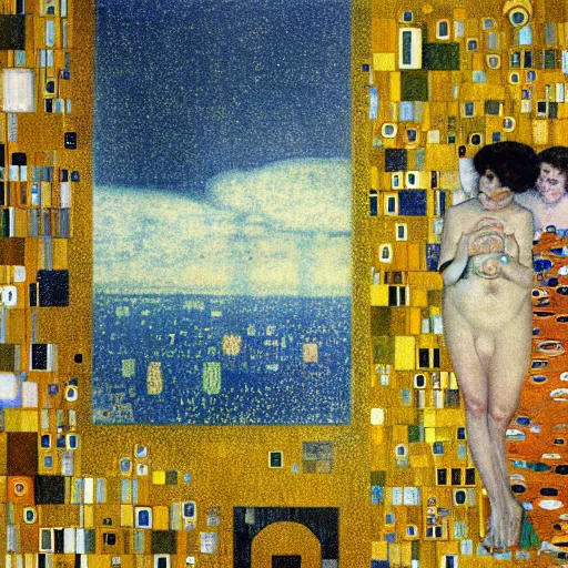 Prompt: men and women looking out of the porthole windows on a large ufo in the sky above a town painting by gustav klimt