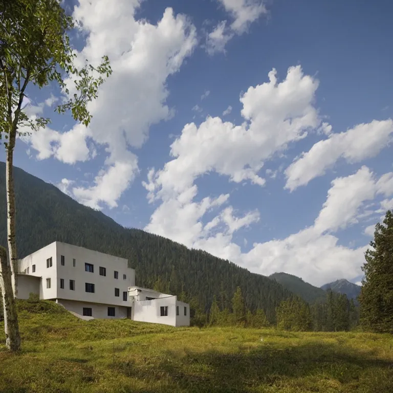 Prompt: A towering villa in the Altai Mountains by Charles Sheeler