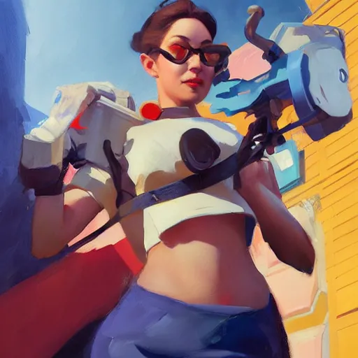 Image similar to greg manchess portrait painting of kiki delivery serives as overwatch character, medium shot, asymmetrical, profile picture, organic painting, sunny day, matte painting, bold shapes, hard edges, street art, trending on artstation, by huang guangjian and gil elvgren and sachin teng