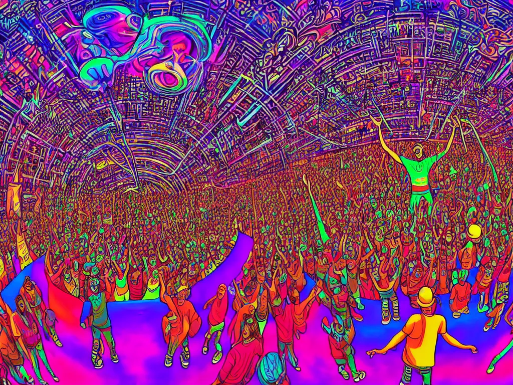 Image similar to rapping on stage at festival, holding microphone, giant crowd, epic angle, happy, psychedelic, hip hop, surreal, neon, vaporwave, detailed, illustrated by Alex Grey, 4k