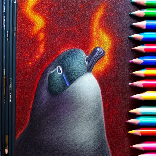 Image similar to Colored pencil art on paper, Magma Lava Duck, highly detailed, artstation, MasterPiece, Award-Winning, Caran d'Ache Luminance