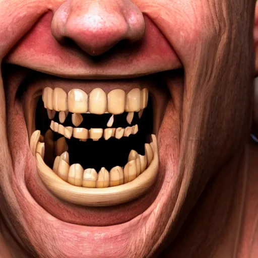 Prompt: a photo from a balded man with teeth made of wood, wood teeth, close up, photorealistic