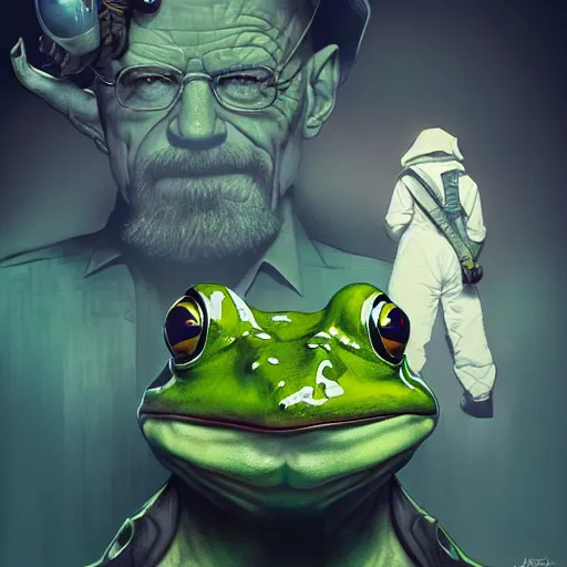 Image similar to a frog and walter white, intricate, highly detailed, digital painting, artstation, concept art, smooth, sharp focus, illustration, unreal engine 5, 8 k, art by artgerm and greg rutkowski and alphonse mucha