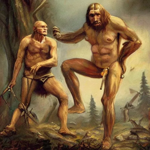 Image similar to historical picture war between homo sapien and neanderthal, artstaton, stable art detailed,