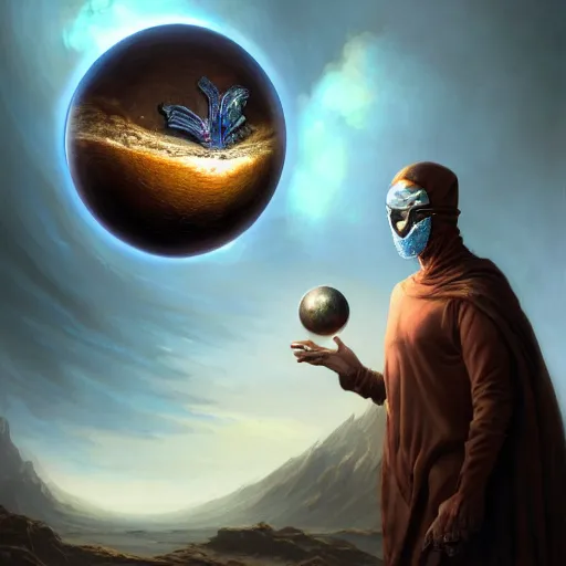 Image similar to masked nomad male wearing a cloak on an alien world and holding a holographic planet projection in his hand, detailed, sci - fi, digital painting, artstation, sharp focus, illustration, ominous, artgerm, tomasz alen kopera, peter mohrbacher, donato giancola, joseph christian leyendecker, wlop, frank frazetta