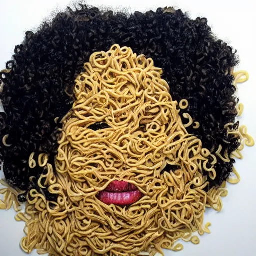 Image similar to lizzo's face made out of noodles