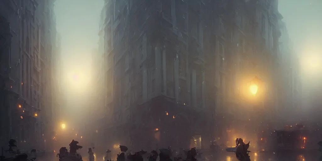 Prompt: a parade in a heavy swirling fog, soft lighting, night, stephen bliss, misty, unreal engine, fantasy art by greg rutkowski, loish, rhads, ferdinand knab, makoto shinkai and lois van baarle, ilya kuvshinov, rossdraws, tom bagshaw, illustration, detailed and intricate environment