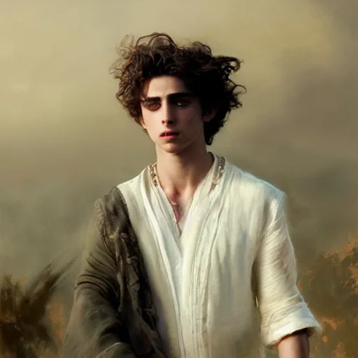 Image similar to detailed realistic cinematic wide shot of beautiful attractive muscular timothee chalamet black beard white hair military clothes slim face symettrical face clean skin black eyes black robe smooth, sharp focus, ultra realistic, spring light, painting by gaston bussiere, craig mullins, j. c. leyendecker