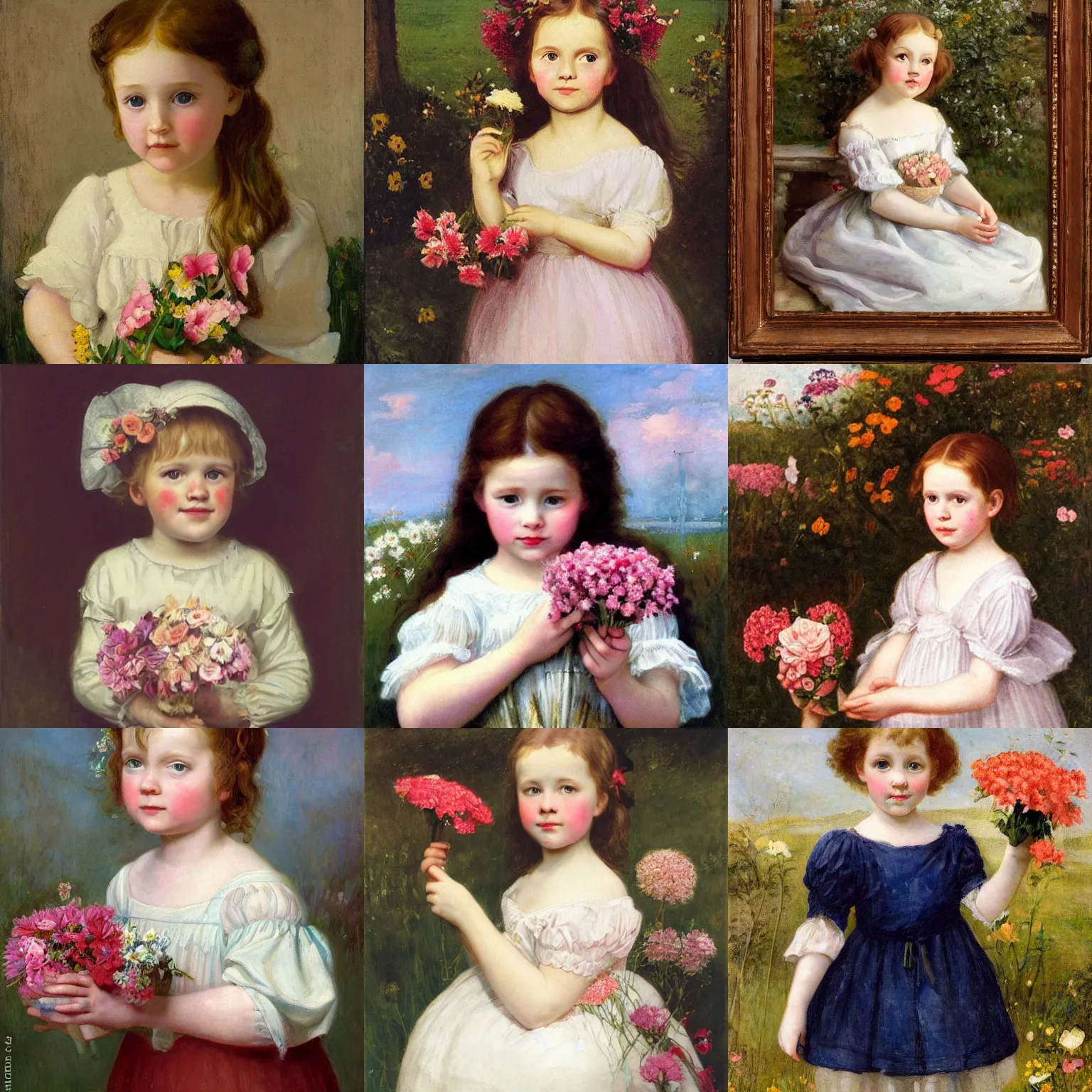 Prompt: A little beautiful girl with flowers in her hand, Anderson, Sophie