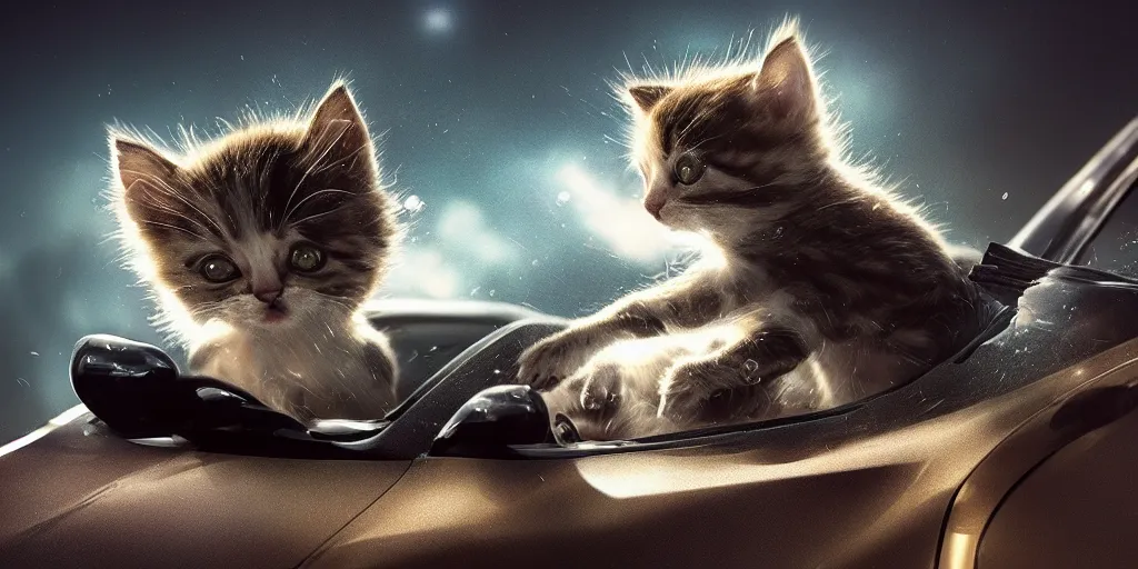Image similar to a highly artistic portrayal of a kitten driving a car, realistic 4 k octane beautifully detailed render, 4 k post - processing, highly detailed, intricate complexity, epic composition, magical atmosphere, cinematic lighting, masterpiece, ultra hd