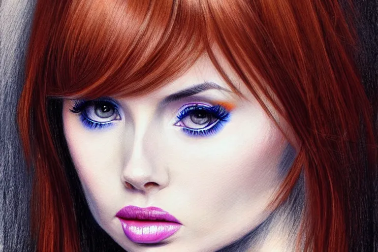 Image similar to sultry look in her eyes Karen Gillan close-up portrait looking straight on, complex artistic color pencil sketch illustration, full detail, gentle shadowing, fully immersive reflections and particle effects, chromatic aberration.