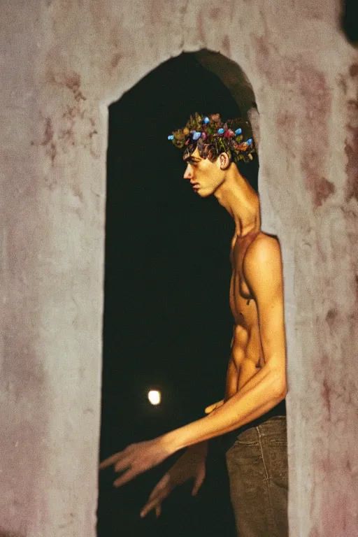 Image similar to kodak portra 4 0 0 photograph of a skinny guy looking into a otherworldly portal, flower crown, back view, vaporwave colors, grain, moody lighting, moody aesthetic,