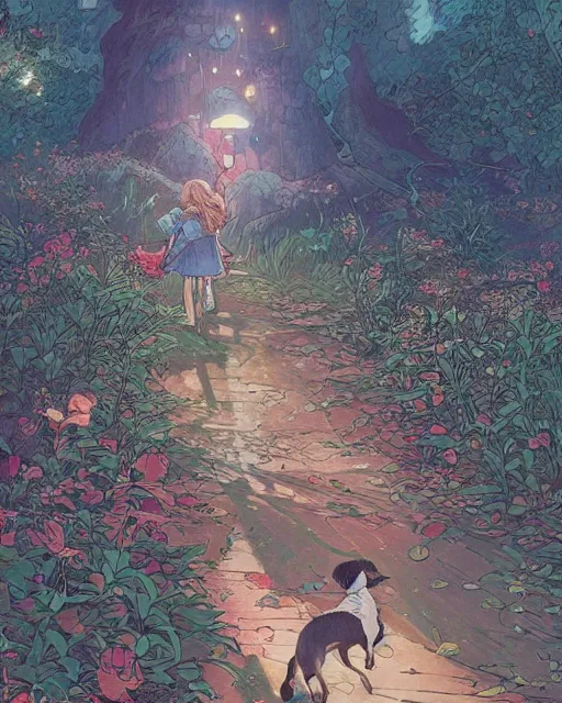 Prompt: a girl walking her small dog at the park, full shot, facing forward, ambient lighting, detailed, art by ayami kojima, makoto shinkai, kilian eng