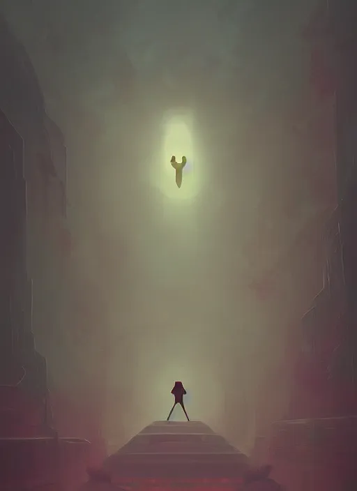Prompt: character concept, a figure hovering above the ground inside a temple, foggy, atmospheric, fantasy art, sci - fi, alena aenami, digital art
