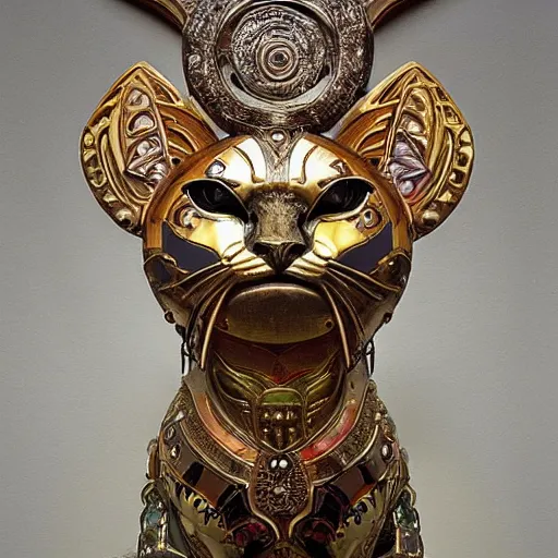 Image similar to masterpiece sculpture of an ornate bejeweled mechanical cat head, by annie swynnerton and diego rivera and nicholas roerich and jean delville, symbolist, dramatic lighting, god rays, elaborate geometric ornament, art brut, rich colors, smooth, sharp focus, extremely detailed, adolf wolfli and ( donato giancola )