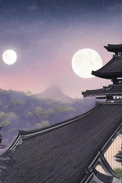 Prompt: a ninja on a roof of a japanese temple with the moon on the background, mixed media, digital art, trending on artstation, 8k, epic composition, highly detailed, AAA graphics