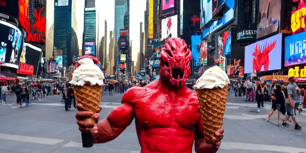 Image similar to Predator standing in Times Square Eating an Ice Cream Cone