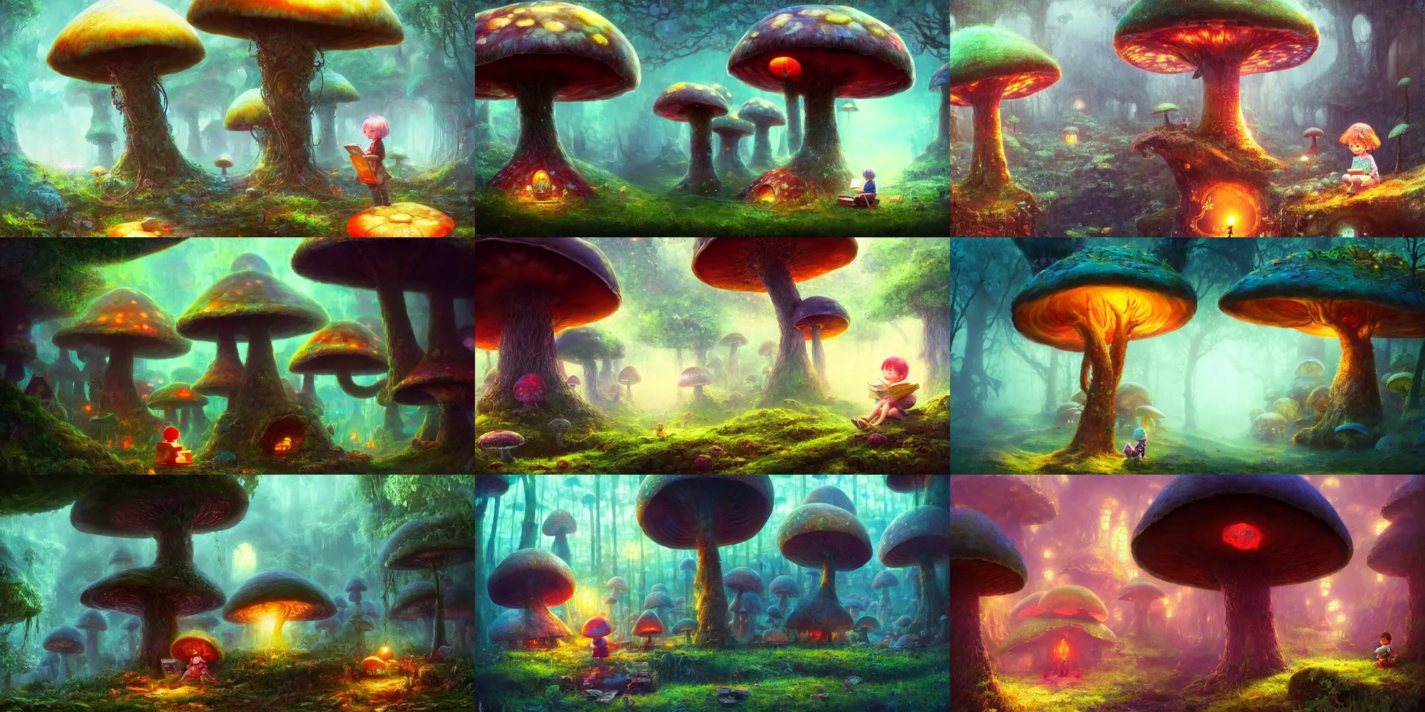 Prompt: ”cute child reading a book, giant mushroom houses in a mysterious fantasy forest, [bioluminescense, rope bridges, art by wlop and paul lehr, cinematic, colorful]”