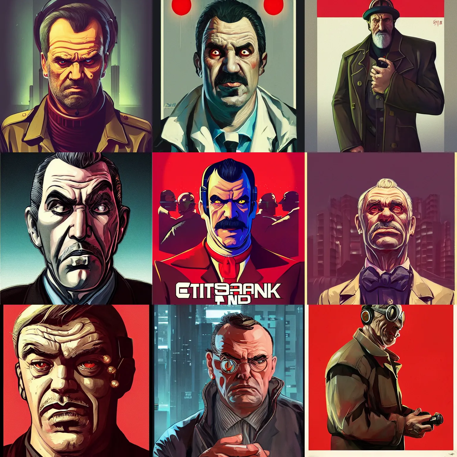 Prompt: a portrait of a stern older man with a round face and a salt and pepper goatee, in the style of a soviet era propaganda poster, cyberpunk dark fantasy art, gta 5 cover, official fanart behance hd artstation by jesper ejsing