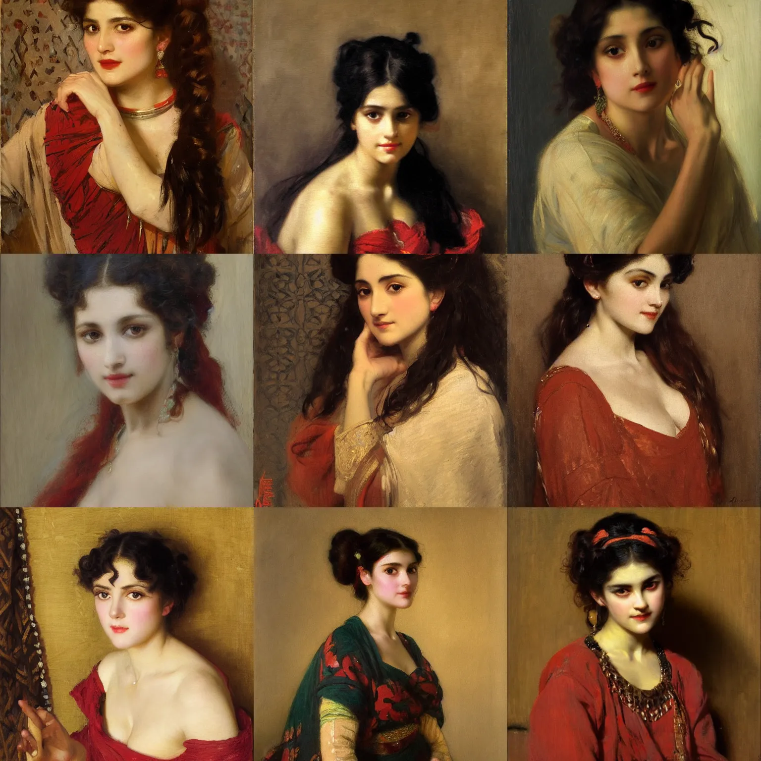 Prompt: orientalism painting of a young woman with dark curls and red - rimmed eyes by theodore ralli and nasreddine dinet and anders zorn and nikolay makovsky and edwin longsden long, oil on canvas, masterful intricate artwork, excellent lighting, high detail 8 k