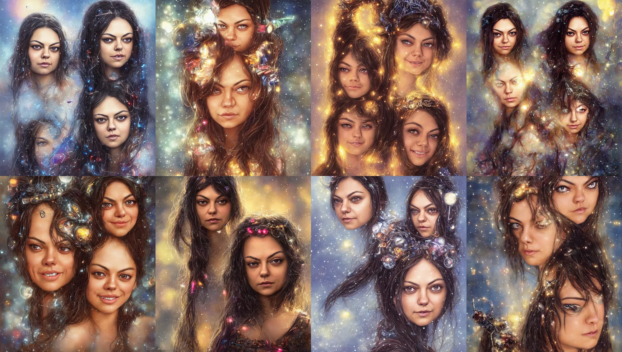 Prompt: big - eyed mila kunis winter princess smiling intensely into the camera, sundown golden hour firefly wisps, cyberpunk neon, hair clips, focal length : 2 0 0. 0 mm, steve hanks, charlie bowater, mark brooks, steve henderson, justin gerard, mark keathley, victor nizovtsev, tom bagshaw, krenz cushart, ross tran