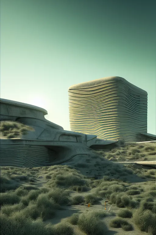 Image similar to sci - fi concrete brutalist architecture in the utah desert, zaha hadid, beksinski, photoreal, highly detailed, 8 k, hd, vray, artstation, trending on behance, cinematic matte painting, extreme detail photo quality, green moss, sunrays, sunset, featured on behance