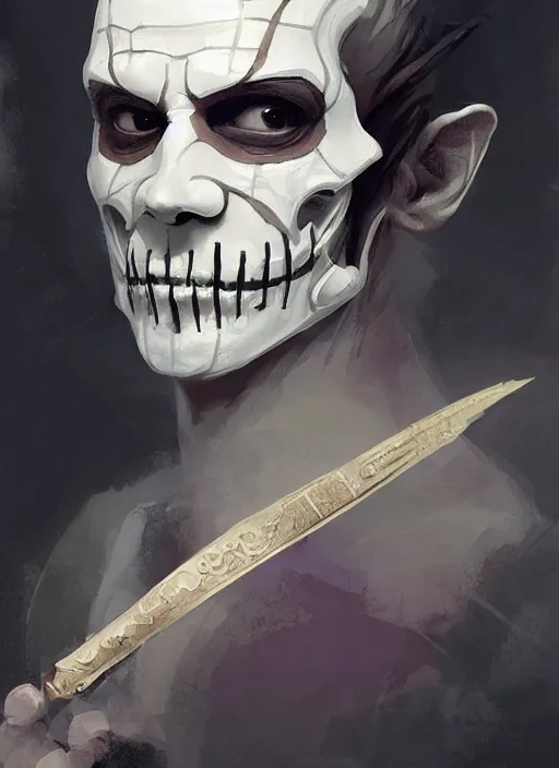 Image similar to character concept portrait of an princely young angry Spanish wizard with pale white skin and wearing half skeleton mask while casting a dark seduction spell, a floating burning spell book in the center, intricate, elegant, digital painting, concept art, smooth, sharp focus, illustration, from Metal Gear, by Ruan Jia and Mandy Jurgens and William-Adolphe Bouguereau, Artgerm