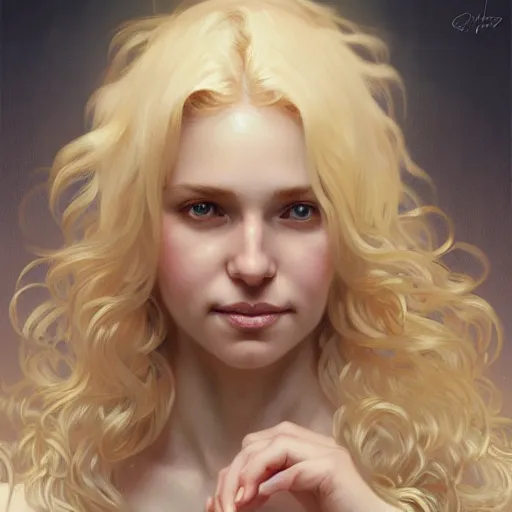 Image similar to A pregnant blond woman with closed eyes smiling, very detailed face, long fluffy curly blond hair, light blond hair, gorgeous, beautiful, intricate, highly detailed, digital painting, artstation, concept art, sharp focus, illustration, art by greg rutkowski and alphonse mucha