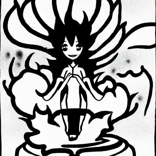 Image similar to black and white anime character of a piece of fluffy popcorn with a smiling face and flames for hair, sitting on a lotus flower, clean composition, symmetrical