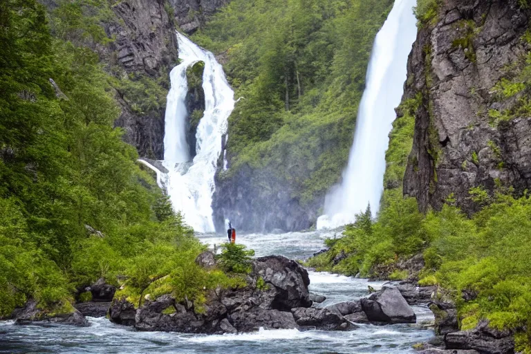 Prompt: Walking into a very tall majestic Norwegian waterfall, creek, rocks